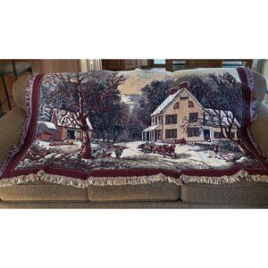 Goodwin Weavers Winter Farm Scene Tapestry Throw Blanket Sleigh Cotton Woven USA